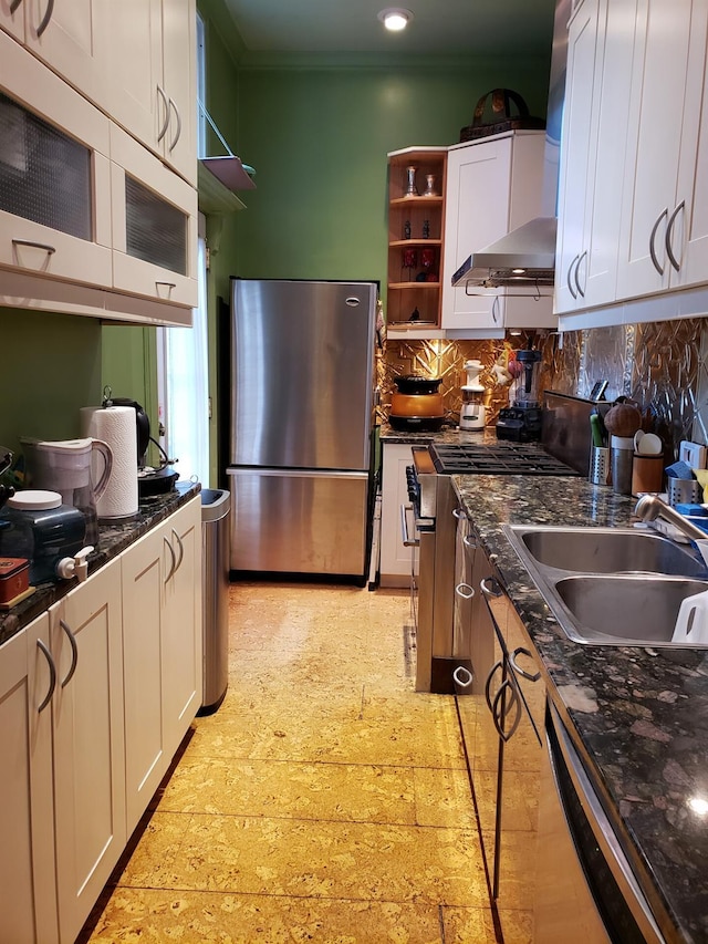 229 W 138th St, New York Manhattan, NY 10030 - kitchen featuring appliances with stainless steel finishes, a sink, ventilation hood, tasteful backsplash, and ornamental molding