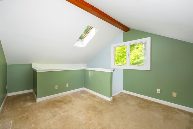 additional living space featuring a skylight, baseboards, and light carpet