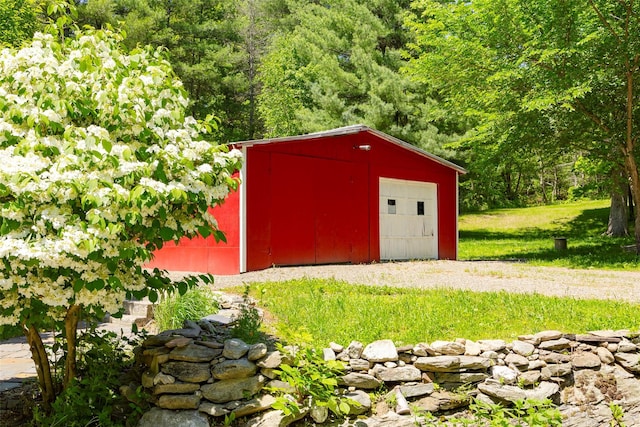 view of outdoor structure with a view of trees