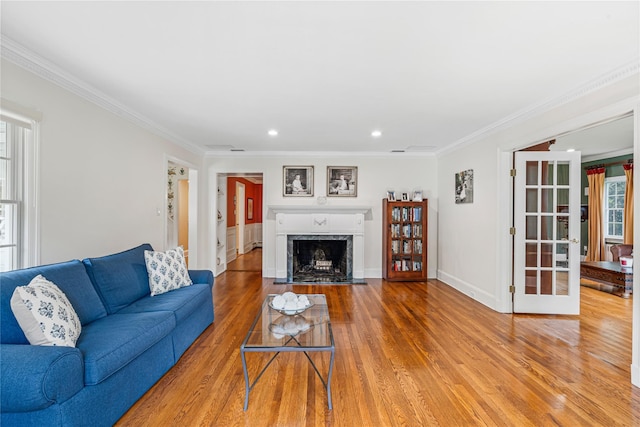 74 Eakins Rd, Manhasset, NY 11030 - living area with wood finished floors, crown molding, recessed lighting, a fireplace, and french doors
