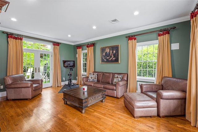 74 Eakins Rd, Manhasset, NY 11030 - living room featuring ornamental molding, wood finished floors, french doors, and recessed lighting