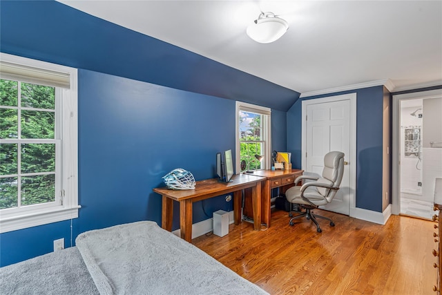 74 Eakins Rd, Manhasset, NY 11030 - bedroom with wood finished floors, a desk, and vaulted ceiling