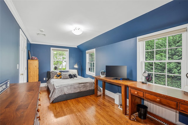 74 Eakins Rd, Manhasset, NY 11030 - bedroom with ornamental molding, wood finished floors, an office area, and vaulted ceiling