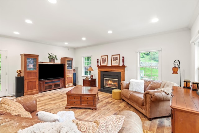 306 Mountain Rd, Pleasantville, NY 10570 - living room featuring light wood-type flooring, plenty of natural light, recessed lighting, a fireplace with flush hearth, and ornamental molding