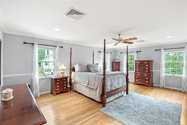 306 Mountain Rd, Pleasantville, NY 10570 - bedroom with multiple windows, crown molding, wood finished floors, a ceiling fan, and recessed lighting