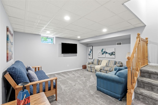 306 Mountain Rd, Pleasantville, NY 10570 - living area with carpet flooring, stairway, and recessed lighting