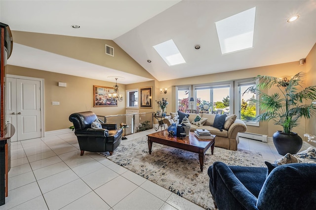 100 Mark Ln, Atlantic Beach, NY 11509 - living area with a baseboard radiator, a chandelier, light tile patterned floors, a skylight, and recessed lighting