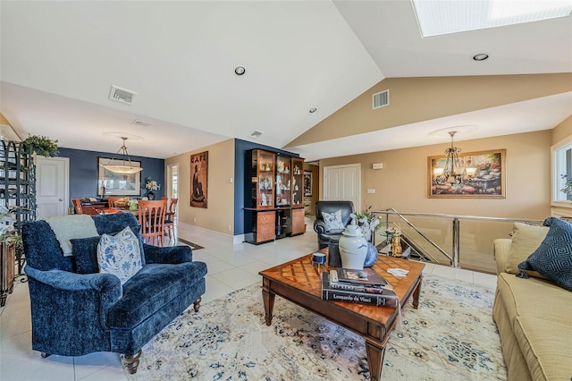 100 Mark Ln, Atlantic Beach, NY 11509 - living room with a chandelier, light tile patterned floors, vaulted ceiling, and recessed lighting