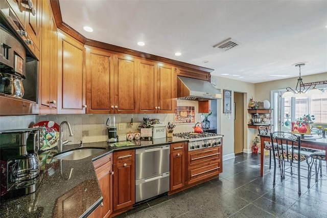 100 Mark Ln, Atlantic Beach, NY 11509 - kitchen featuring wall chimney range hood, a sink, stainless steel appliances, recessed lighting, and decorative backsplash