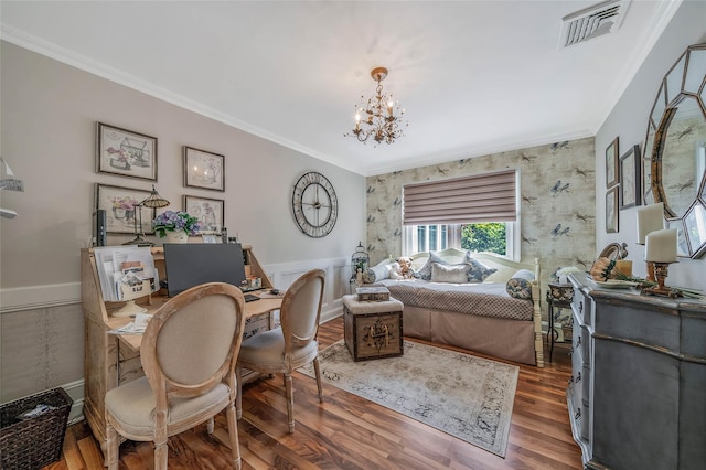 100 Mark Ln, Atlantic Beach, NY 11509 - bedroom with crown molding, a chandelier, wood finished floors, a desk, and a wainscoted wall