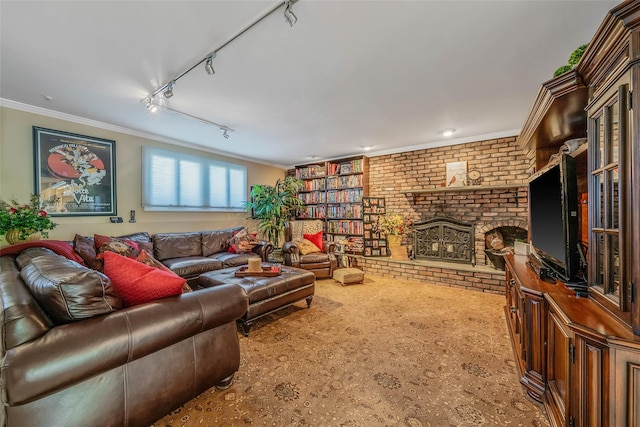 100 Mark Ln, Atlantic Beach, NY 11509 - living room featuring track lighting, brick wall, and crown molding