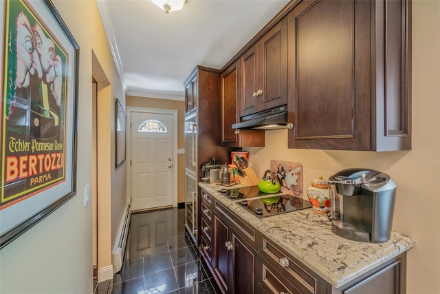 100 Mark Ln, Atlantic Beach, NY 11509 - kitchen featuring under cabinet range hood, granite tiled floors, ornamental molding, black electric stovetop, and baseboards