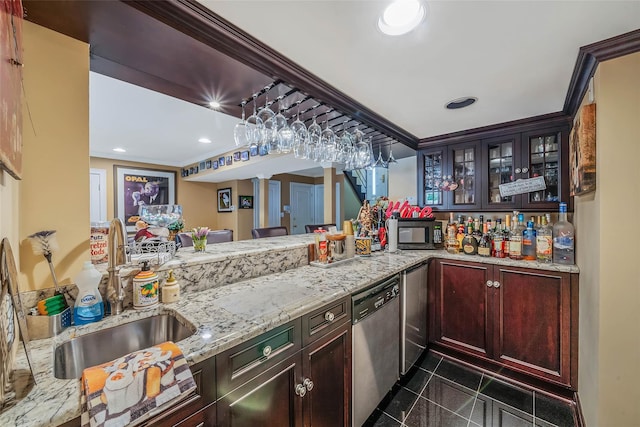 100 Mark Ln, Atlantic Beach, NY 11509 - indoor bar with dishwasher, black microwave, crown molding, recessed lighting, and stairs