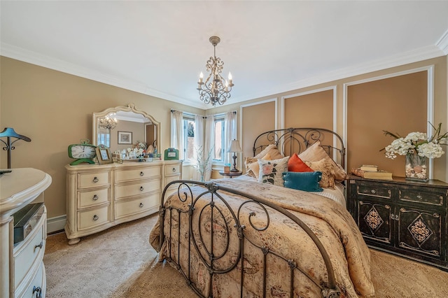 100 Mark Ln, Atlantic Beach, NY 11509 - bedroom with ornamental molding, a chandelier, a baseboard radiator, and light colored carpet