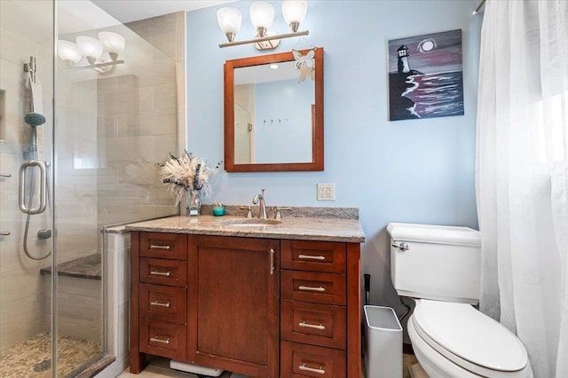 2406 Kayron Ln, North Bellmore, NY 11710 - bathroom featuring a shower stall, a chandelier, vanity, and toilet