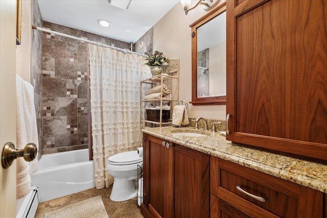 2406 Kayron Ln, North Bellmore, NY 11710 - full bath with baseboard heating, toilet, vanity, tile patterned floors, and shower / bath combo