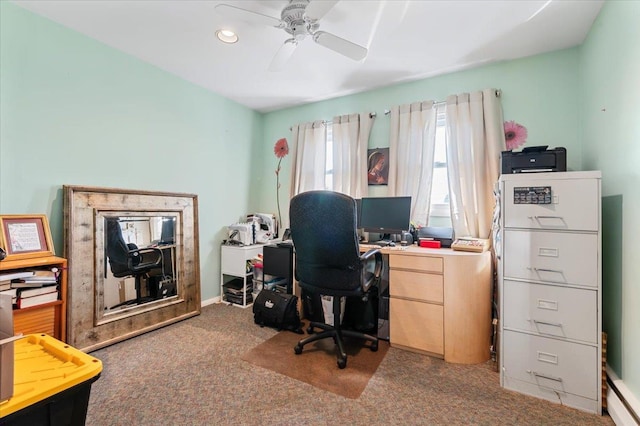 2406 Kayron Ln, North Bellmore, NY 11710 - home office with ceiling fan, carpet flooring, a baseboard radiator, and recessed lighting