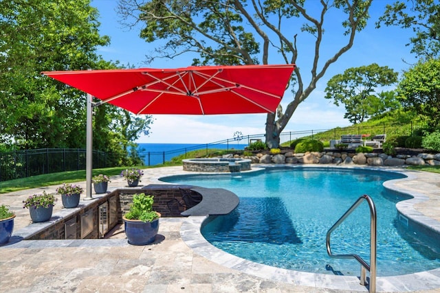 321 Sandpiper Dr, Riverhead, NY 11901 - view of swimming pool featuring a fenced backyard, a pool with connected hot tub, and a patio
