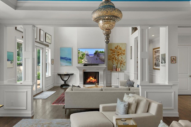 321 Sandpiper Dr, Riverhead, NY 11901 - living area featuring decorative columns, a decorative wall, dark wood-type flooring, ornamental molding, and recessed lighting