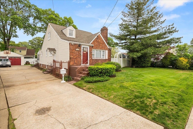 769 De Mott Ave, North Baldwin, NY 11510 - view of front facade with brick siding, an outdoor structure, a chimney, a detached garage, and roof with shingles