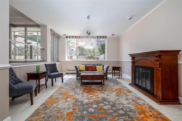 100 Lincoln Ave Unit 4B, Mineola, NY 11501 - living room featuring baseboard heating, a chandelier, ornamental molding, a glass covered fireplace, and baseboards