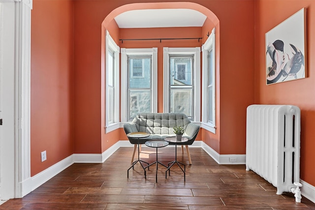 213 Walnut St, Peekskill, NY 10566 - living area featuring radiator heating unit, arched walkways, baseboards, and dark wood-style floors