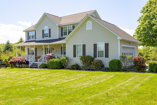 100 Meadow Ridge Ln, Lagrangeville, NY 12540 - colonial home with covered porch, a garage, a front yard, and roof with shingles