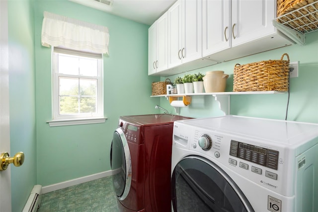 100 Meadow Ridge Ln, Lagrangeville, NY 12540 - laundry room with a baseboard radiator, washer and clothes dryer, cabinet space, and tile patterned floors
