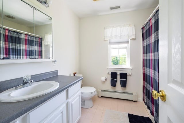 100 Meadow Ridge Ln, Lagrangeville, NY 12540 - bathroom featuring a baseboard heating unit, vanity, tile patterned flooring, and a shower with shower curtain