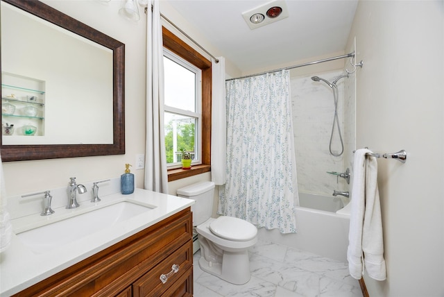 186 Oswego Rd, Pleasant Valley, NY 12569 - full bathroom with vanity, marble finish flooring, toilet, and shower / bath combination with curtain