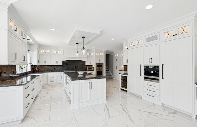 10 Colonial Dr, Smithtown, NY 11787 - kitchen with beverage cooler, a sink, decorative backsplash, recessed lighting, and ornamental molding