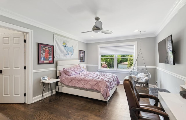 10 Colonial Dr, Smithtown, NY 11787 - bedroom featuring dark wood finished floors, baseboards, recessed lighting, ornamental molding, and ceiling fan