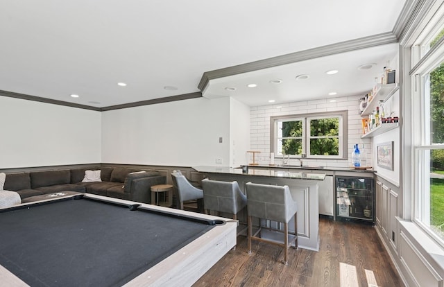 10 Colonial Dr, Smithtown, NY 11787 - rec room with a community bar, wine cooler, crown molding, dark wood-style flooring, and recessed lighting