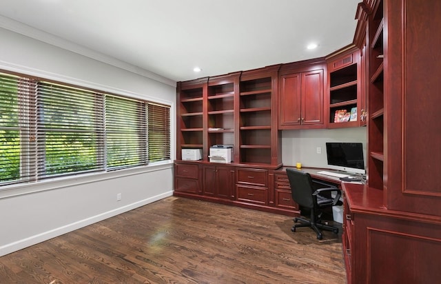 10 Colonial Dr, Smithtown, NY 11787 - office space with dark wood-style floors, built in desk, crown molding, recessed lighting, and baseboards