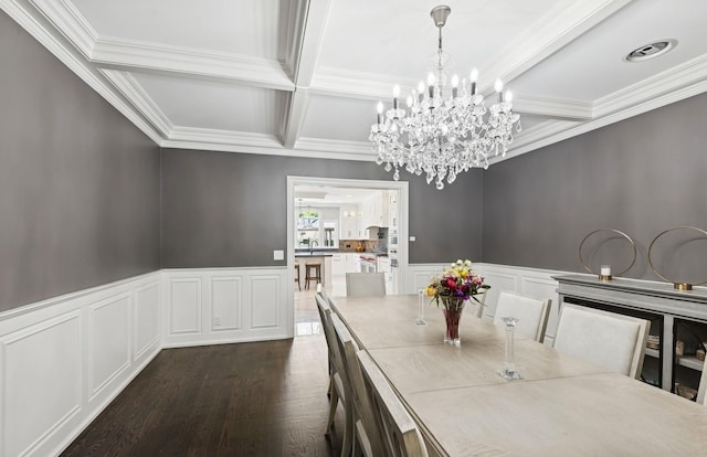 10 Colonial Dr, Smithtown, NY 11787 - dining space featuring a decorative wall, coffered ceiling, ornamental molding, beamed ceiling, and a chandelier