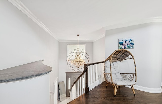 10 Colonial Dr, Smithtown, NY 11787 - corridor with ornamental molding, a chandelier, wood finished floors, an upstairs landing, and baseboards