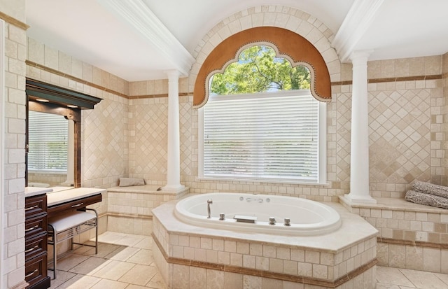 10 Colonial Dr, Smithtown, NY 11787 - full bath featuring ornate columns, a bath, tile patterned floors, vanity, and healthy amount of natural light