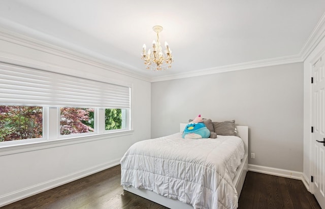 10 Colonial Dr, Smithtown, NY 11787 - bedroom with a chandelier, baseboards, crown molding, and dark wood-style flooring