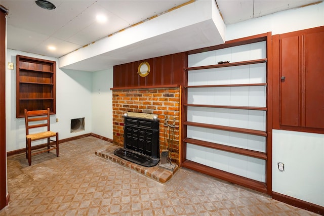 20 Division St, Cold Spring, NY 10516 - unfurnished living room with a brick fireplace, baseboards, and recessed lighting