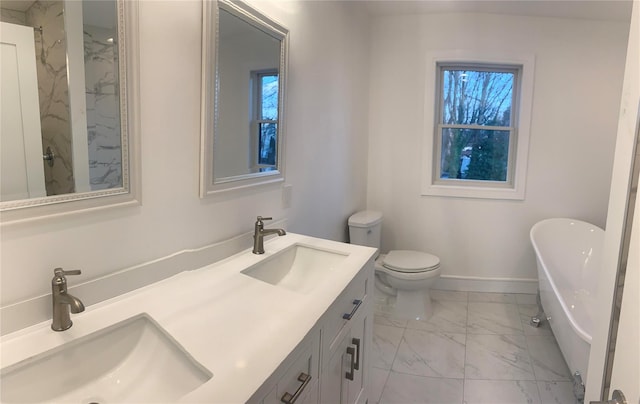 40 Frederick, Call Listing Agent, NJ 07643 - full bathroom with marble look tiles, plenty of natural light, a freestanding tub, and double vanity