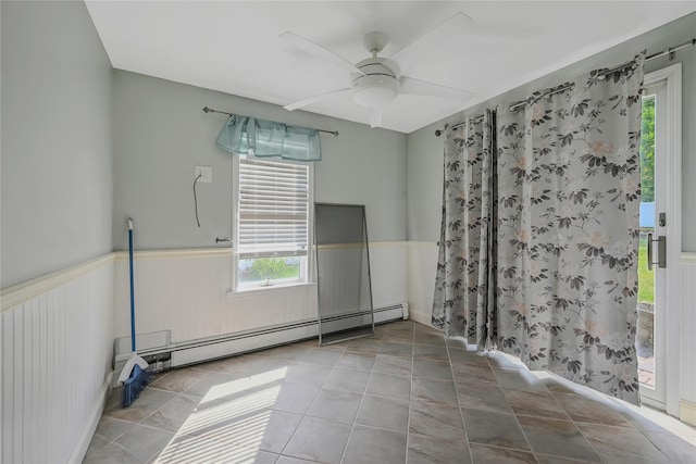 115 Dawn Rd, Rocky Point, NY 11778 - unfurnished room featuring a ceiling fan, a baseboard heating unit, and wainscoting