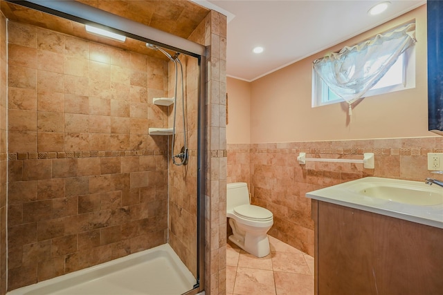 115 Dawn Rd, Rocky Point, NY 11778 - bathroom with a shower stall, tile walls, vanity, crown molding, and tile patterned flooring
