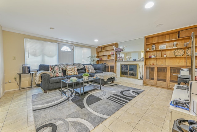 216 Birch Dr, New Hyde Park, NY 11040 - living room with light tile patterned flooring, crown molding, recessed lighting, baseboards, and a fireplace