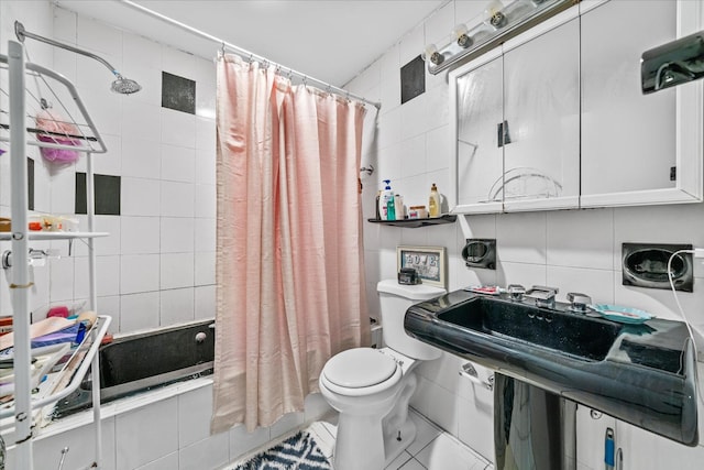 49 Ruth Ct, Middletown, NY 10940 - bathroom with tiled shower / bath combo, toilet, tile walls, and tile patterned flooring