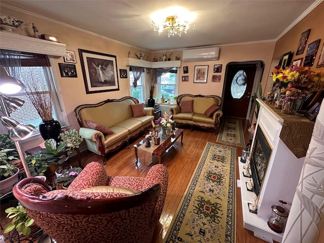 65 Stephen Pl, Valley Stream, NY 11580 - living area with a wall unit AC, wood-type flooring, a chandelier, ornamental molding, and a fireplace