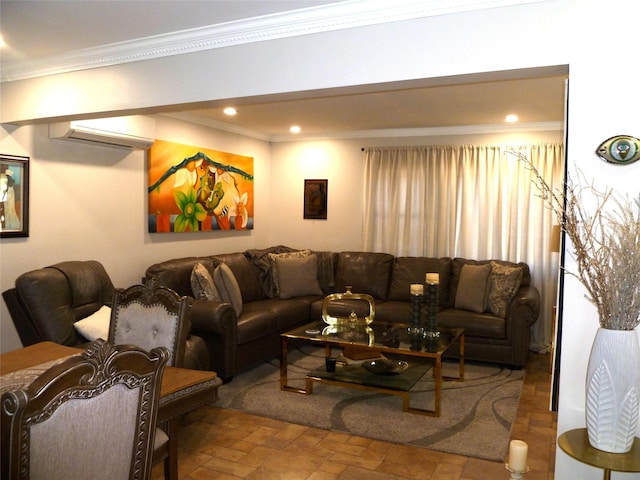 28 Crabtree Ln, Levittown, NY 11756 - living room featuring a wall mounted AC, ornamental molding, stone finish floors, and recessed lighting