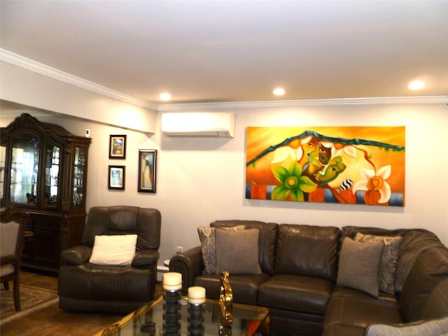28 Crabtree Ln, Levittown, NY 11756 - living room featuring a wall mounted AC, ornamental molding, baseboard heating, wood finished floors, and recessed lighting
