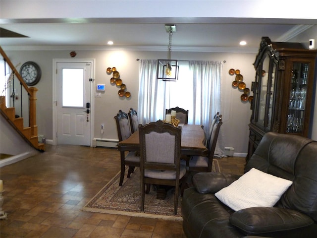 28 Crabtree Ln, Levittown, NY 11756 - dining room with a baseboard heating unit, stairway, crown molding, baseboards, and recessed lighting