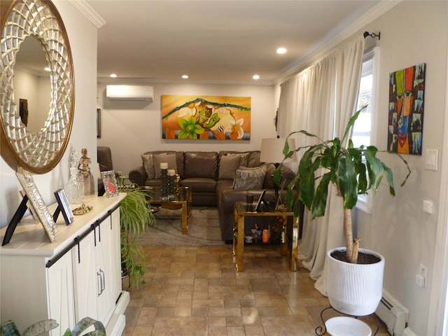 28 Crabtree Ln, Levittown, NY 11756 - living room featuring a baseboard radiator, a wall mounted AC, stone finish floors, recessed lighting, and ornamental molding
