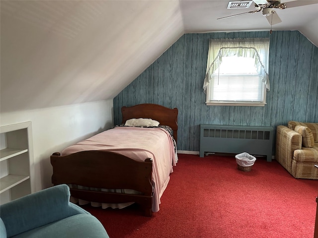 929 White Birch Ln, Wantagh, NY 11793 - bedroom featuring radiator, lofted ceiling, a ceiling fan, carpet floors, and wallpapered walls